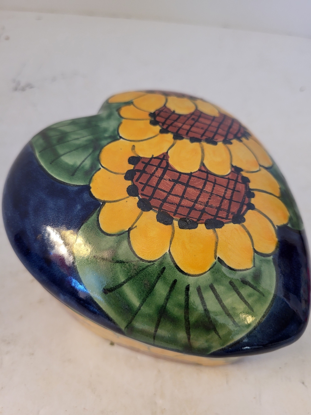 Vintage Talavera Hand-Painted Heart Shaped Sunflower Trinket Dish Signed Becerra